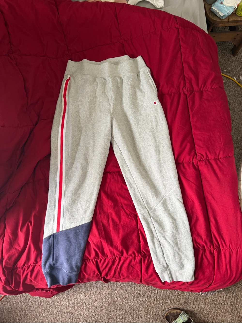 Champion Gray Track Joggers with Red & Navy Stripe